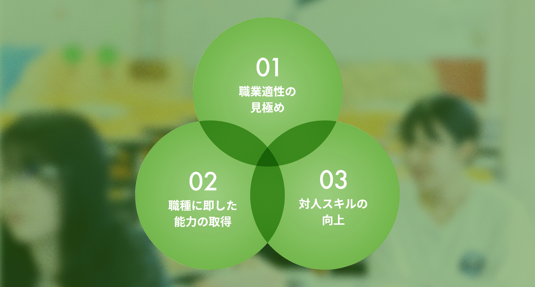 01 職業適性の
見極め 02 職種に即した
能力の取得 03 対人スキルの
向上